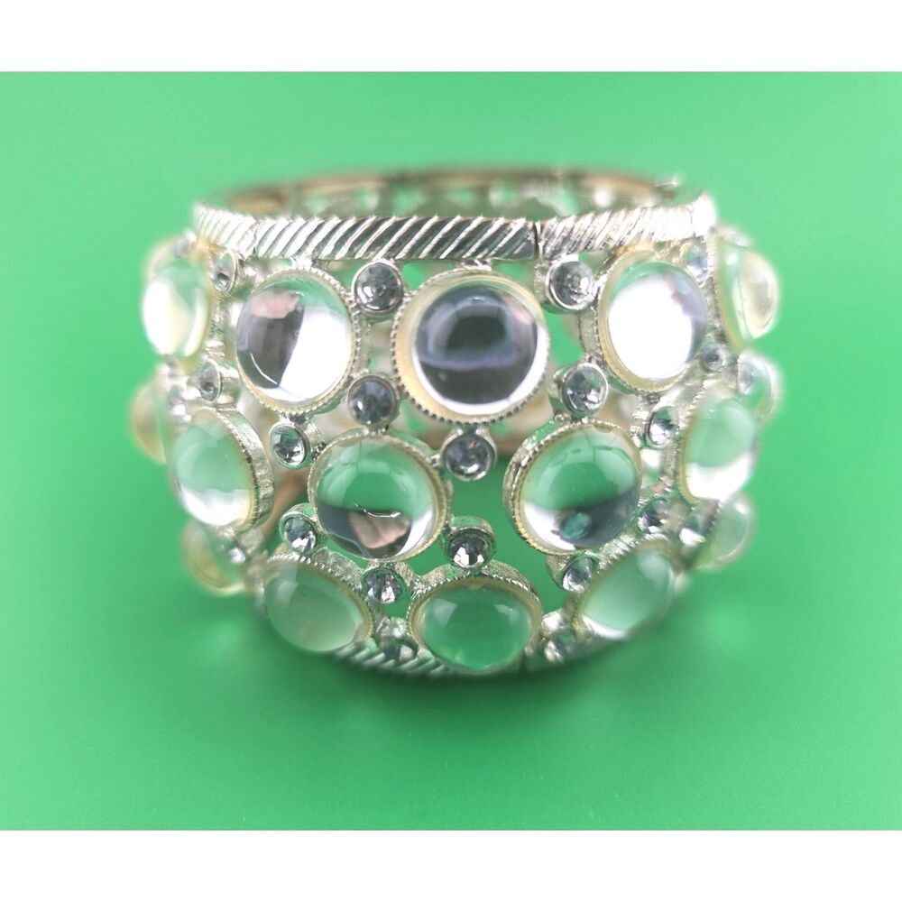 Wide Cuff Bracelet Clear Lucite Cabochons Silver Tone Statement Vintage Y2K Glam